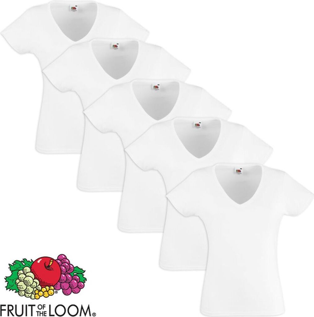 Fruit of the Loom Damen Valueweight T-Shirt 5 Stk V-Ausschnitt Weiß L