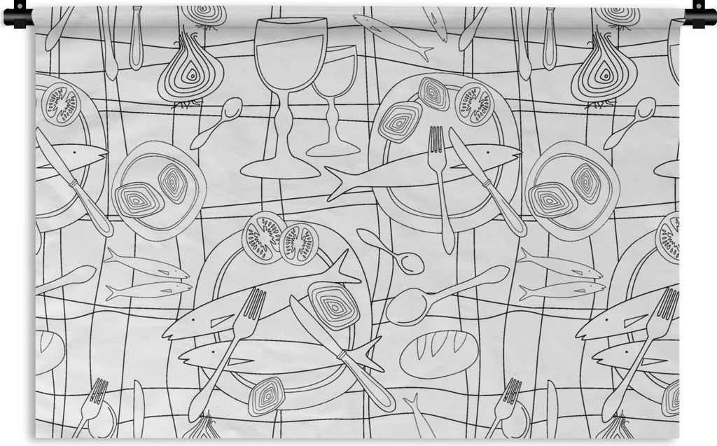 MuchoWow Wandteppich Wandbehang Fische - Muster - Schwarz und Weiß 90x60 cm Tapisserie Dekoration Wandtuch - Wandskulpturen - Bildteppich