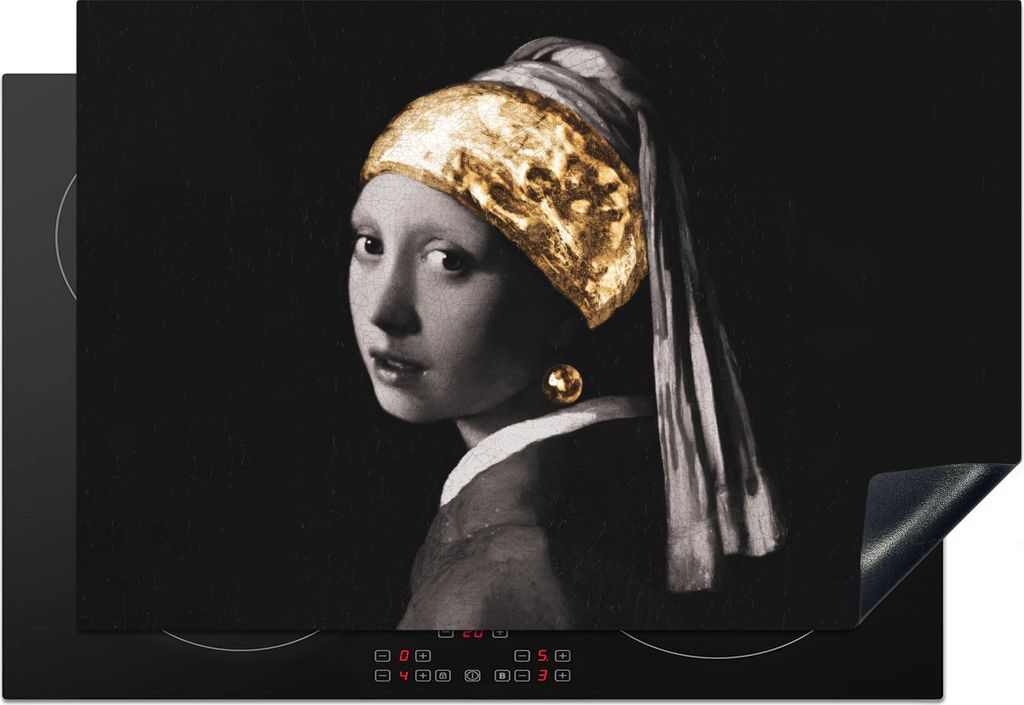 KitchenYeah Herdabdeckplatte Mädchen mit Perlenohrring - Vermeer - Gold - Schwarz - Weiß , 76x51cm, Küche Deko, Glaskeramikfeld Herdabdeckung,...