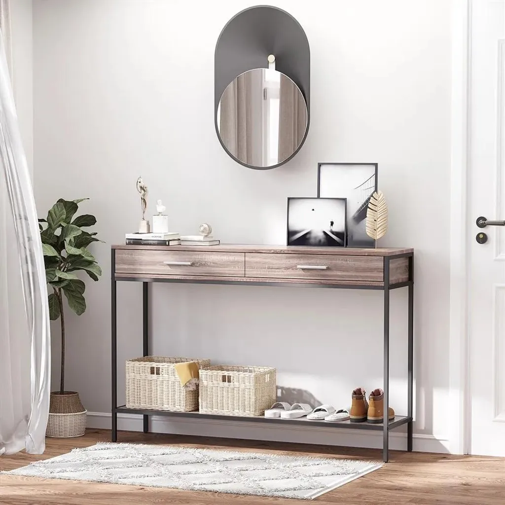Table Console d'Entrée en Chêne avec Rangement et Étagère Basse 120cm