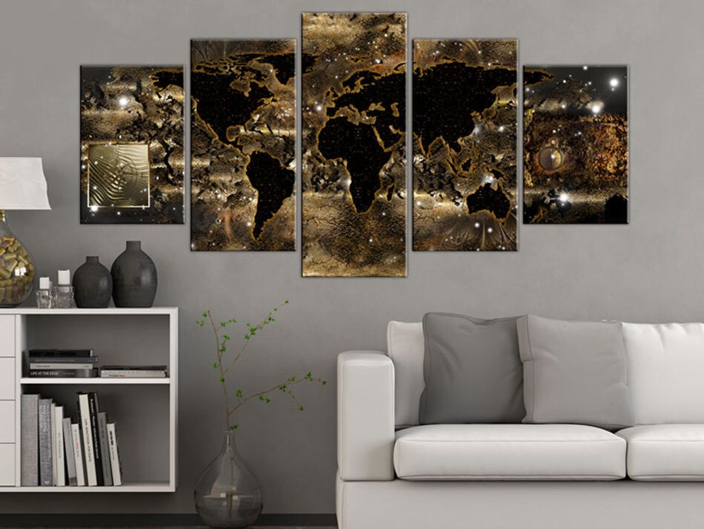 Akustikbild Weltkarte schwarz 200x100 cm 5-teilige Bilder Akustikschaum Hochleistungsschallabsorber Schallschutz Leinwand 5 tlg Wandbild Raumakusti...