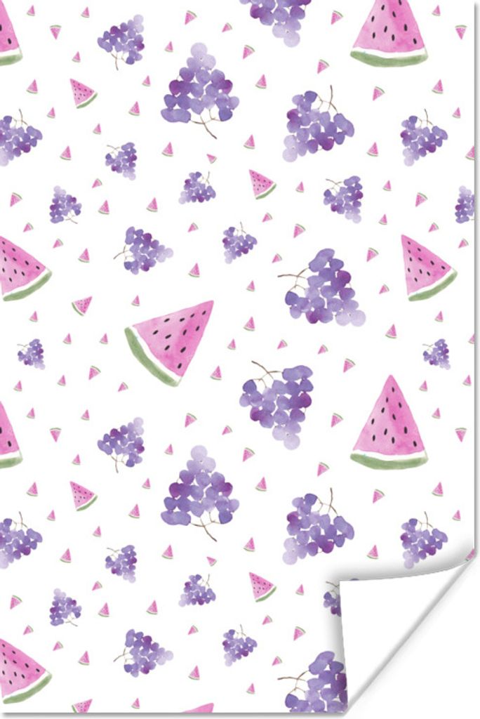 MuchoWow Poster Weintrauben - Wassermelone - Pastell - Muster 40x60 cm - Plakate für die Wand - Poster Babyzimmer