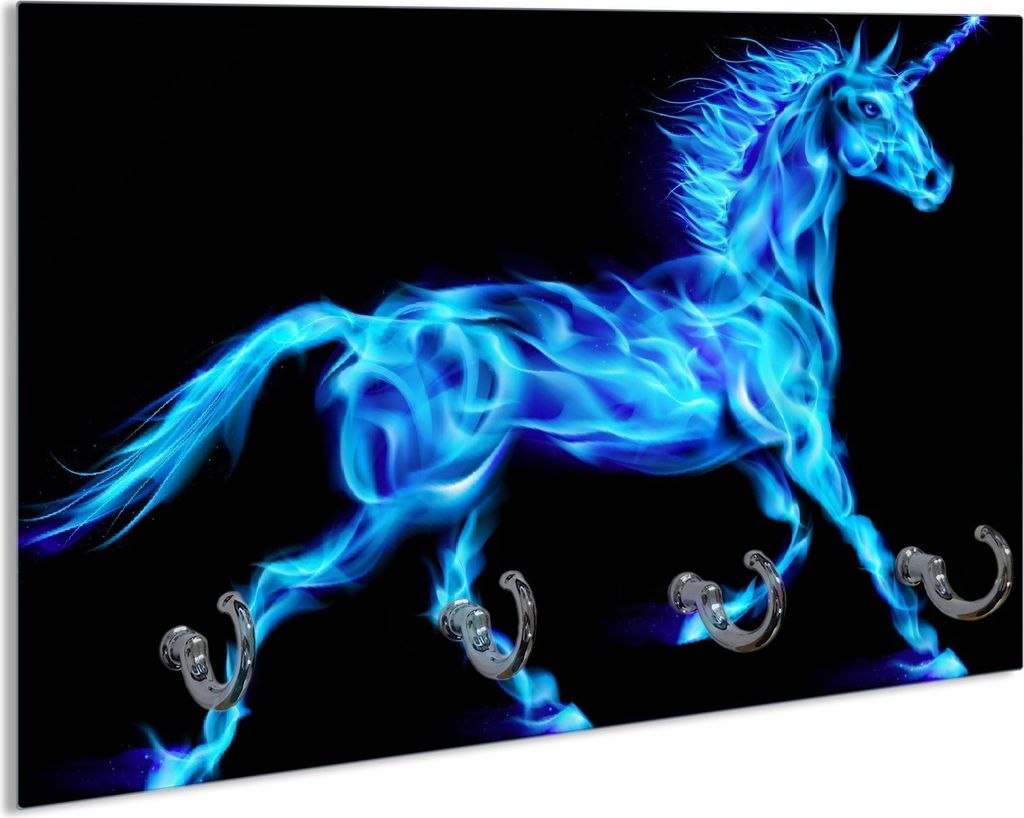 Wallario Schlüsselbrett aus Glas, Motiv: Design Einhorn - aus blauen Flammen, 30 x 20 cm mit 4 Haken