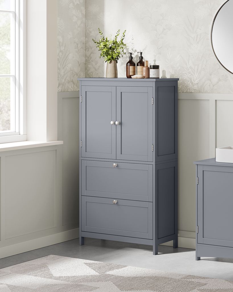 A bathroom cabinet with two doors and two drawers, placed in a bathroom setting.