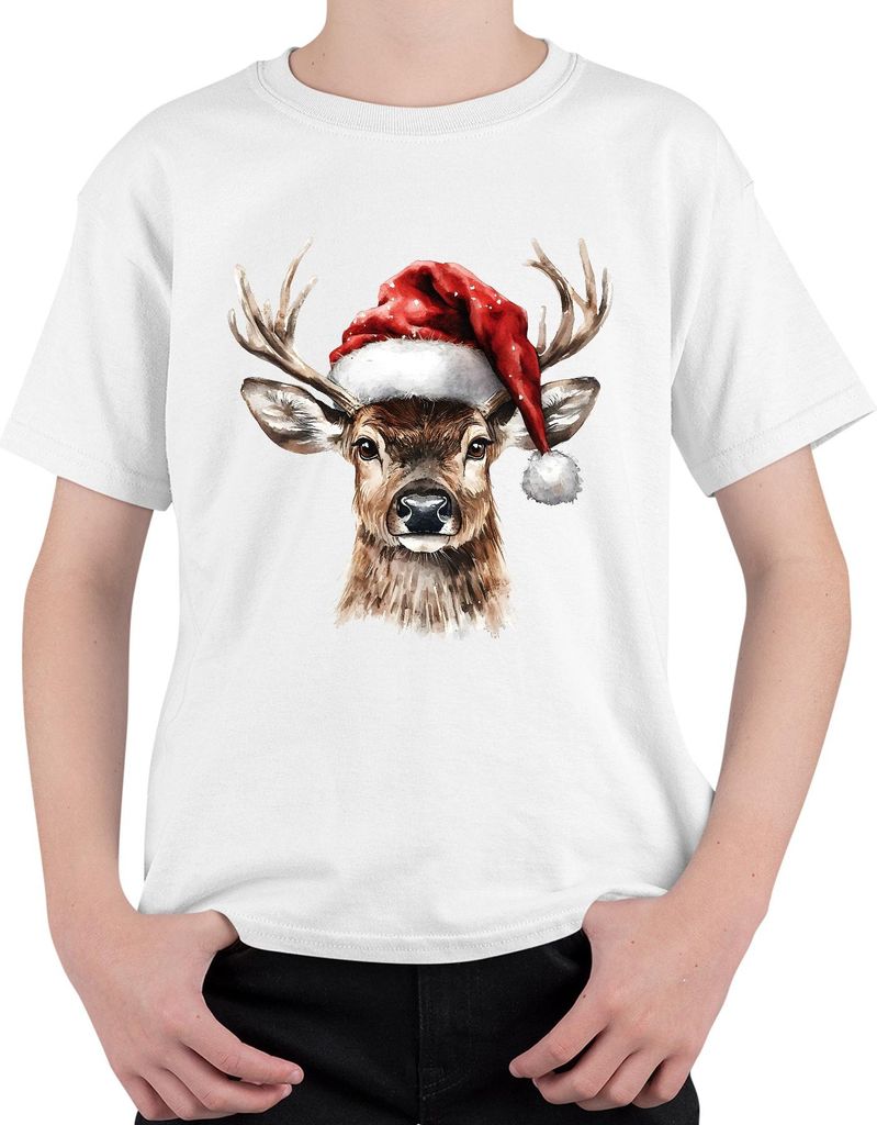 Weihnachtsrentier Aquarell Santa Vintage Geschenk Uni Kinder T-Shirt, Weiß, 152