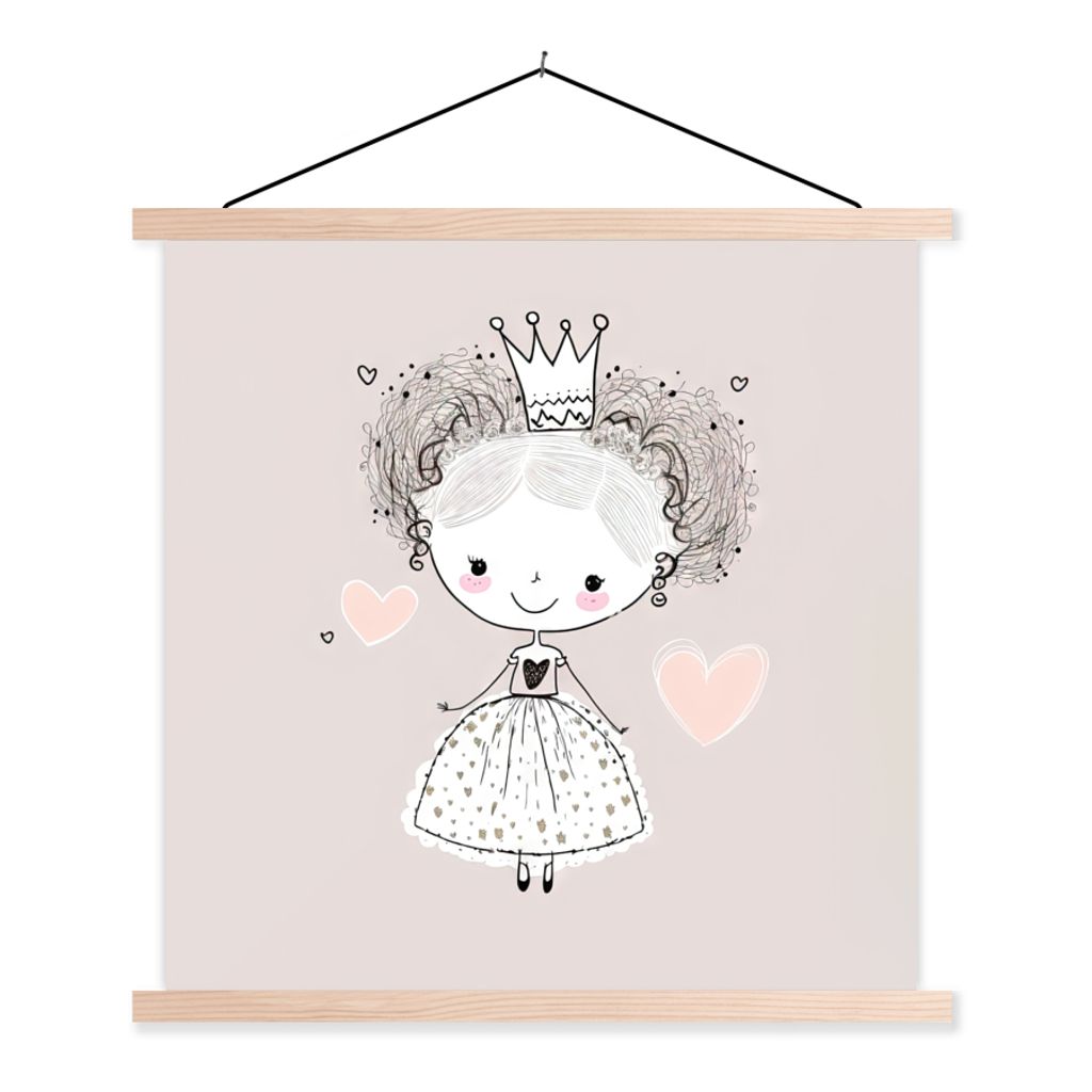 MuchoWow Textilposter Prinzessin - Kinder - Mädchen - Krone - Kleid 60x60 cm mit holzfarbenen Rahmen - Wanddekoration