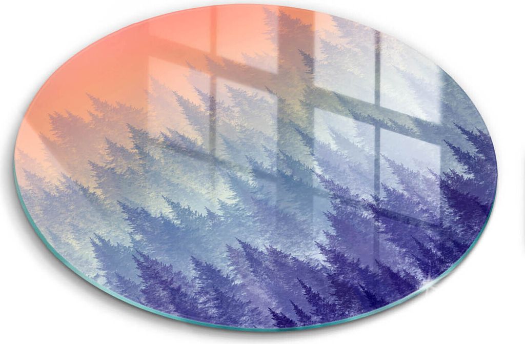 Glasschneideplatte - Herdabdeckplatte - fi30 cm -Schneidebrett - Spritzschutz - Wald bei Sonnenuntergang