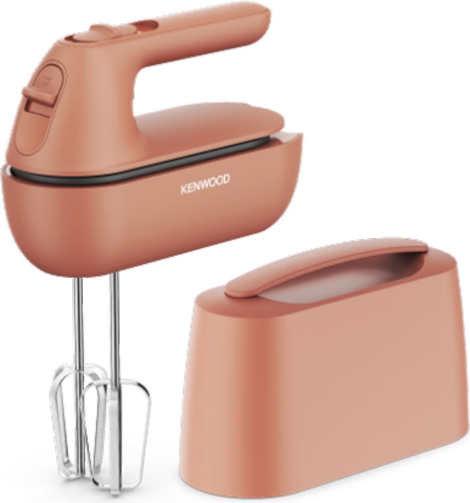 A coral-colored Kenwood hand mixer and its storage base are displayed against a white background.