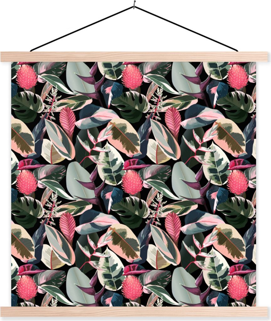 MuchoWow Textilposter Tropisch - Blätter - Rosa 40x40 cm mit holzfarbenen Rahmen - Posterleiste