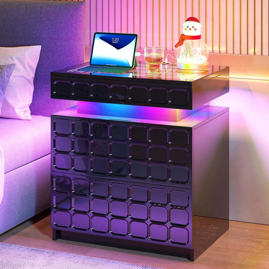 LVSOMT Nachttisch Schwarz mit RGB-Beleuchtung, integrierter Ladestation und verstecktem Stauraum, moderner Beistelltisch für Schlafzimmer