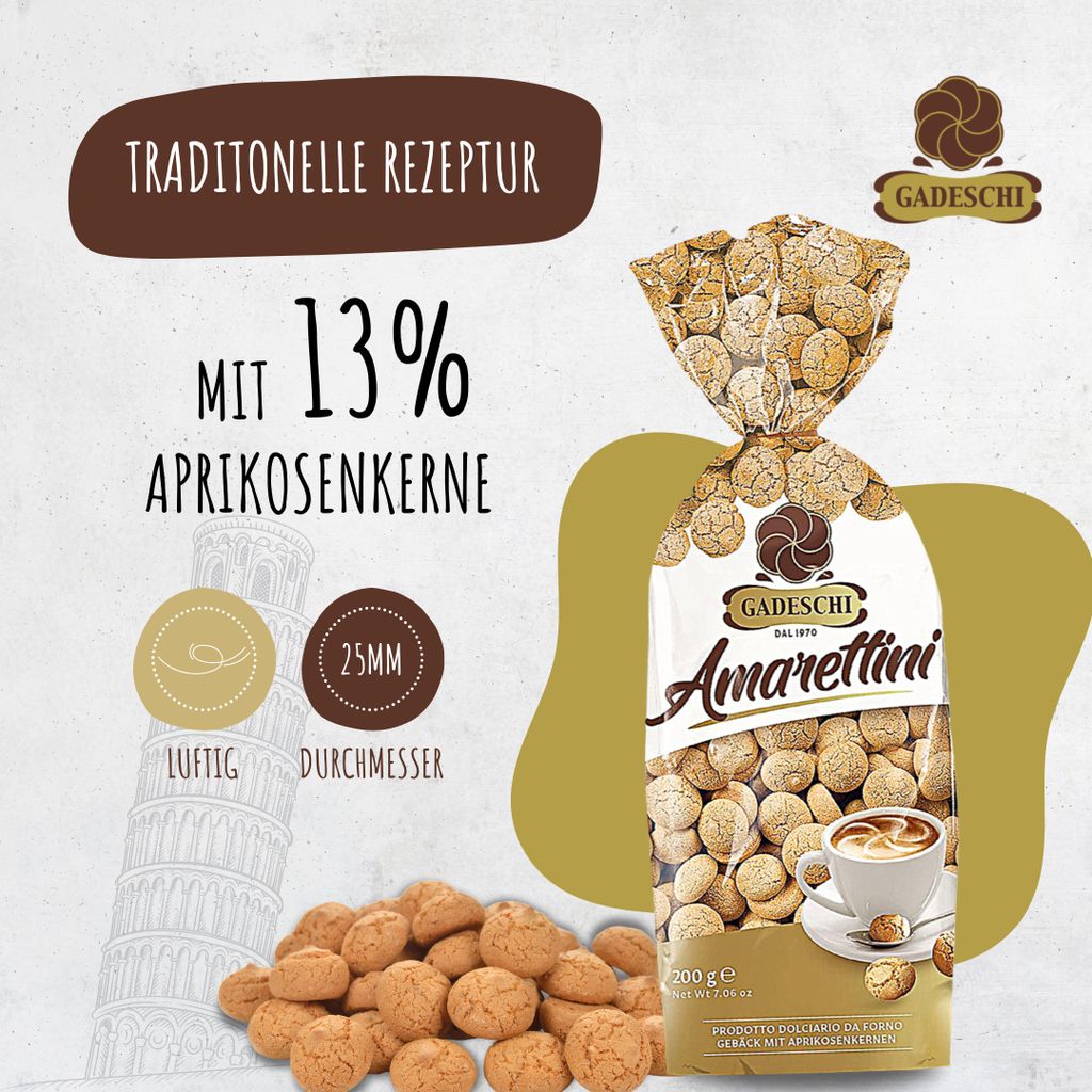 A bag of Gadeschi Amarettini cookies with text and graphics highlighting product features.