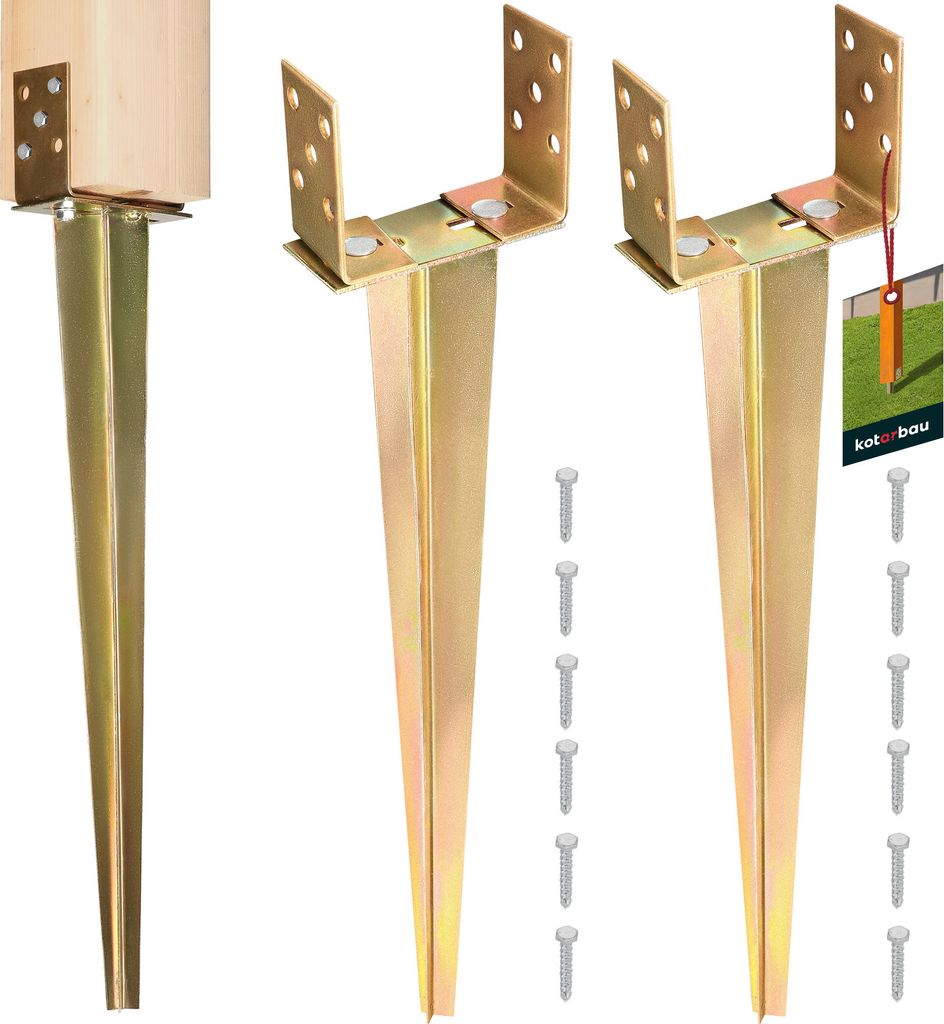 Three metal ground spikes with U-shaped brackets for posts, one with a wooden post attached, and a small tag with a logo and image of grass.
