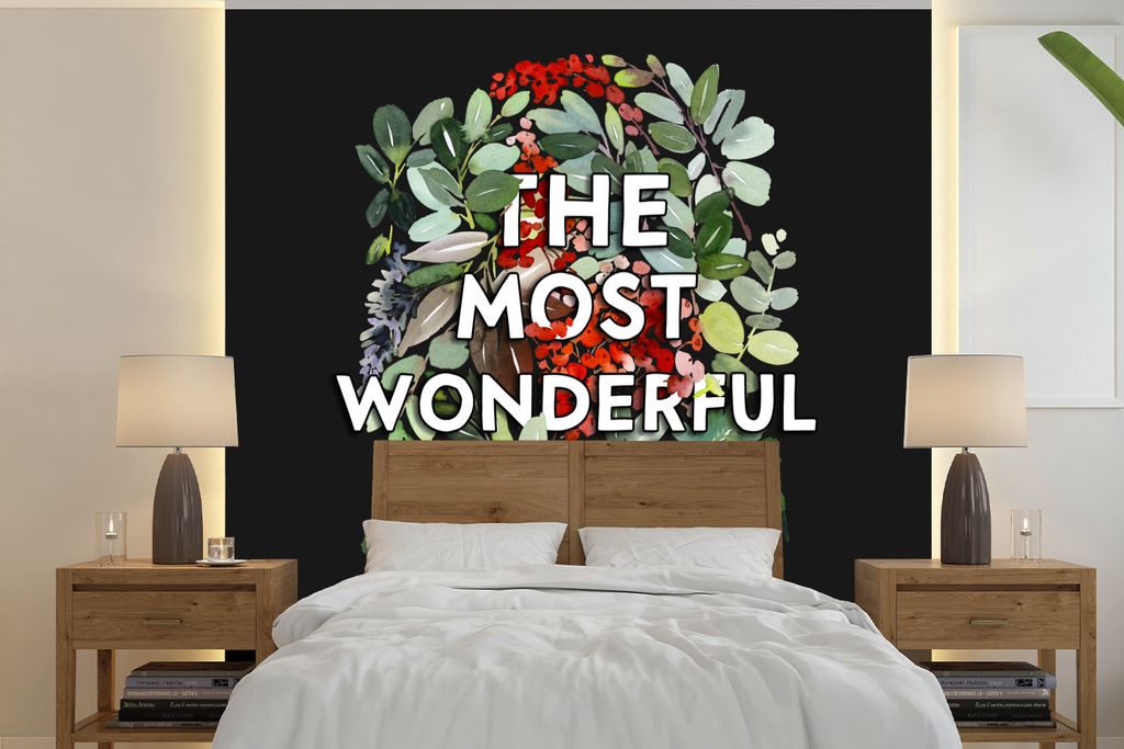 MuchoWow Fototapete für Wohnzimmer oder Schlafzimmer Wandtapete Vinyl Motivtapete Weihnachten - Zitat - Pflanzen - 280x280 cm - Hintergrundbild