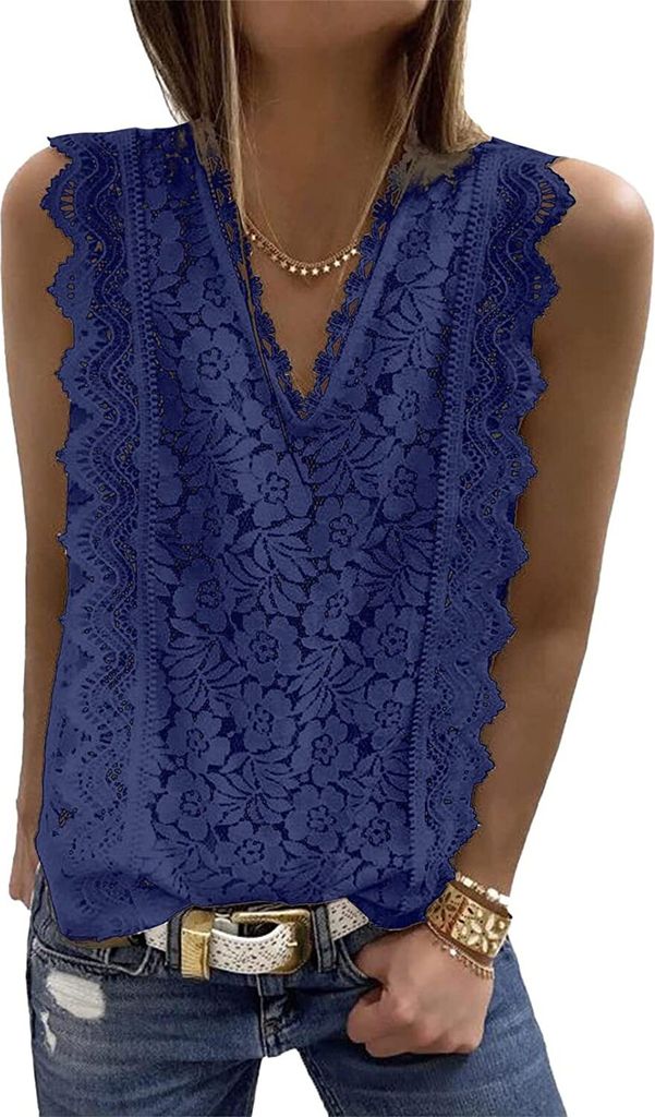 ASKSA Damen Ärmellos Bluse Spitze T-Shirt Elegant V-Ausschnitt Hemd Sommer Oberteile Tunika Blusen Tops , Dunkelblau, XL