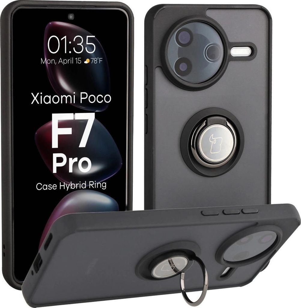 Handyhülle mit Fingergriff für Xiaomi POCO F7 Pro, Bizon Case Hybrid Ring, getönt mit schwarzem Rahmen