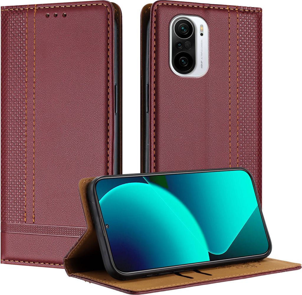 Handyhülle für Xiaomi Poco F3/Redmi K40/K40 Pro Leder Flip Klappbare Schutzhülle mit Standfunktion Dunkelrot
