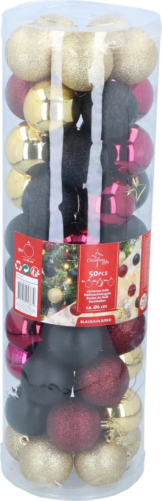 Lot 50 boules de Noël résistantes anti-casse rouge or noir pour famille