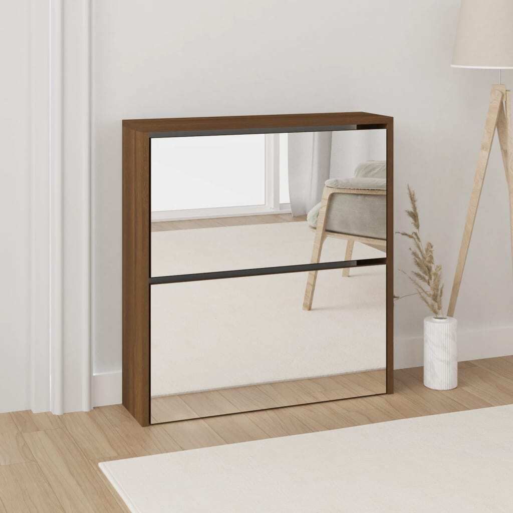 "2026 Promotion" Schuhschrank, moderner Schuhkommode, mit Spiegel 2 Fächer Braun Eichen-Optik 63x17x67cm - Schuhregale CC20558