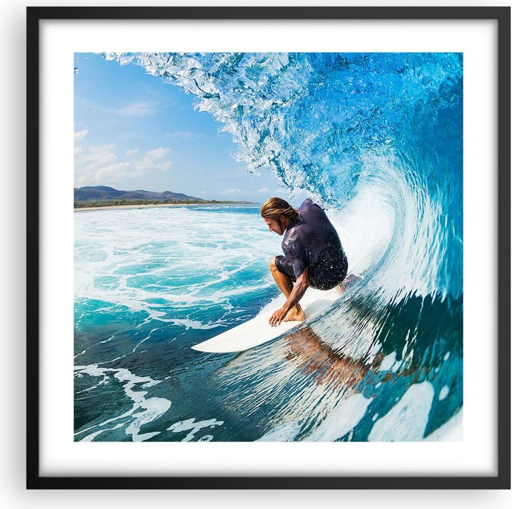 Gerahmtes Poster - Schwarzer Rahmen - Surfen Surfer Ozean Welle - 50x50 cm - Wand Bild - Wanddeko - Wandbilder - Wandposter - Bilderrahmen - Bilder...