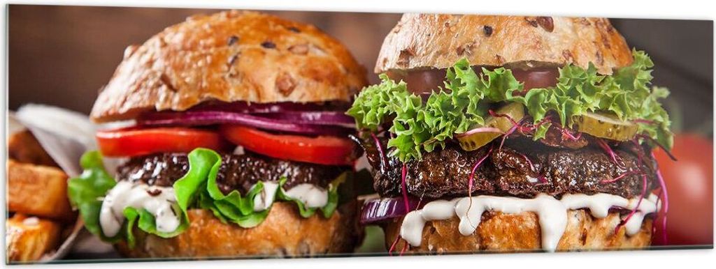 Bilder auf glas - Amerikaner Hamburger Essen Barbecue - 160x50cm - Glasbilder - Wandbilder - Kunstdruck - Wanddekoration aus Glas - Glas Bilder - W...