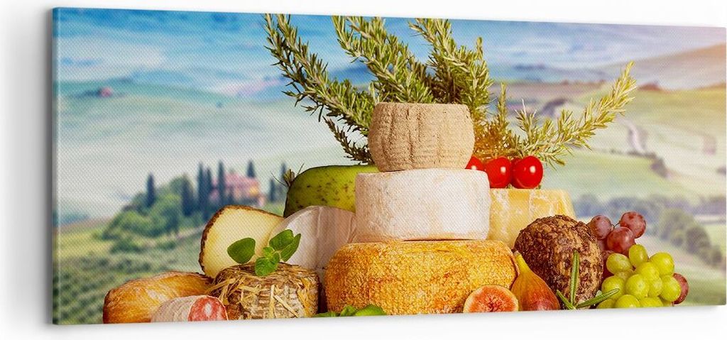 Bild auf Leinwand - Leinwandbild - Toskana Käse Obst Italien - 100x40cm - Wand Bild - Wanddeko - Leinwanddruck - Bilder - Kunstdruck - Wanddekorat...