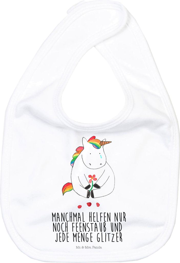 Mr. & Mrs. Panda Lätzchen Einhorn Traurig - Weiß - Geschenk, Liebe, Schlabberlatz, Babylätzchen, Für Babys, Glitzer, Trauer, Unicorn, Sabberlä...