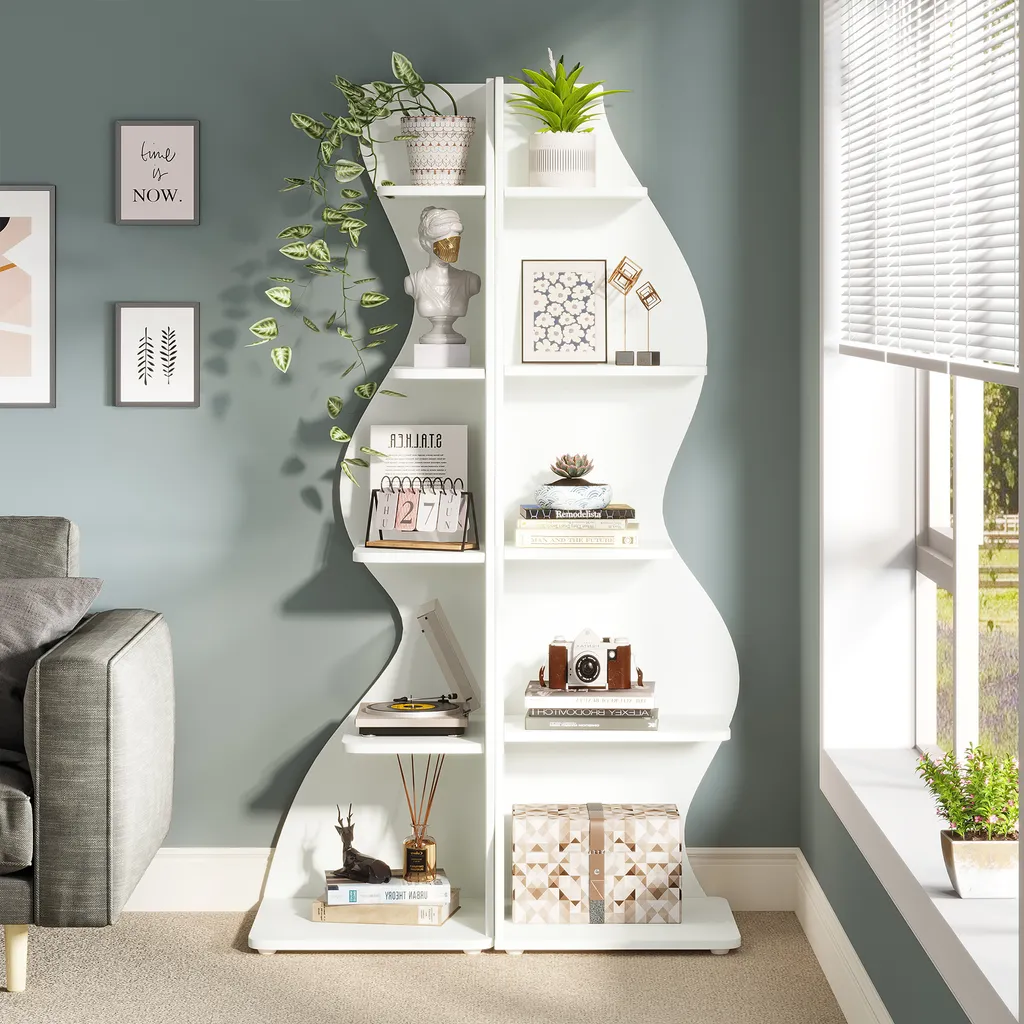 Bibliothèque d'Angle Blanche Moderne 5 Étagères pour Rangement Intérieur - 6