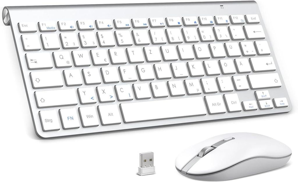 Kabelloses Tastatur Maus Set 2.4 GHz, Ergonomische Slim Tastatur Deutsch QWERTZ mit 12 FN-Tasten, Leise Funktastatur und Maus für PC, Laptop, Smar...