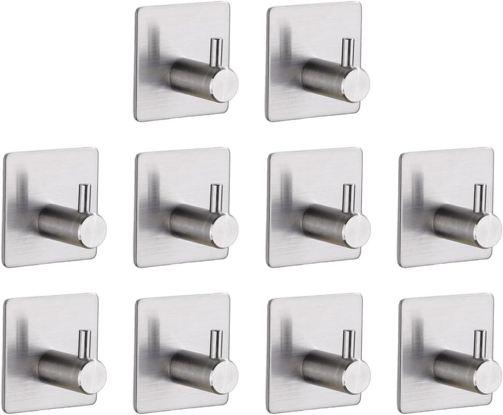 TECBULL 10 massive Edelstahl Klebehaken - Gebürstet, Handtuchhaken fürs Bad selbstklebend, Handtuchhalter ohne Bohren, Hochwertige Wandhaken ro...