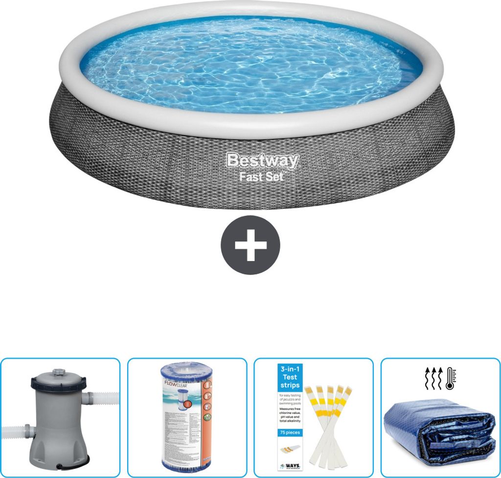 Bestway runder aufblasbarer Fast-Set-Pool – Rattan-Druck – 396 x 84 cm – inklusive Pumpe Filter - Teststreifen - Sonnensegel