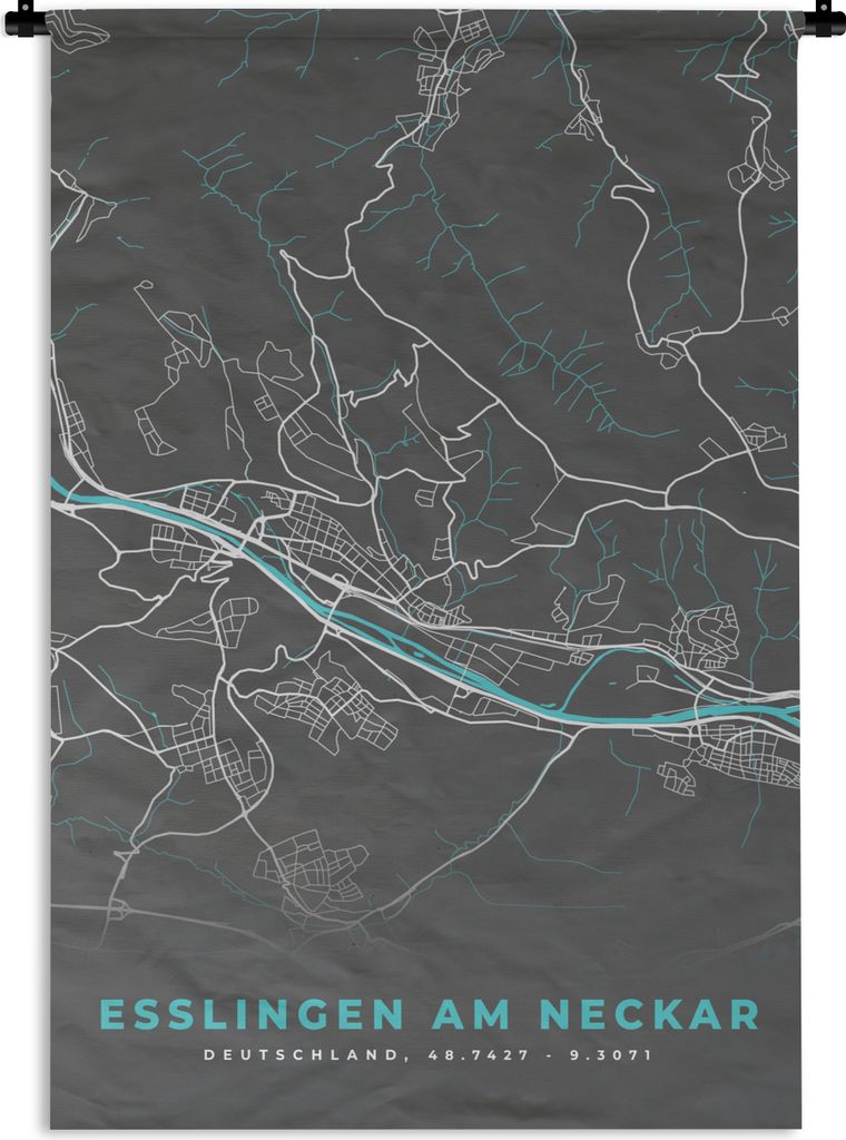 MuchoWow Wandteppich Wandbehang Blau - Deutschland - Karte - Stadtplan - Esslingen am Neckar 90x135 cm Tapisserie Dekoration Wandtuch - Baumwolle...