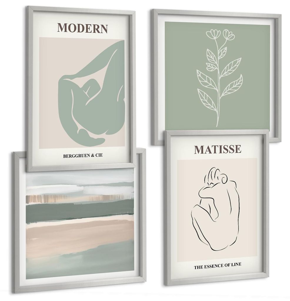 Bilder Set 4-teilig im silbergerahmten Rahmen – Wandbilder 4 Stück – gerahmte Poster für Wohnzimmer, Schlafzimmer und Flur – 50x50 cm - 40x...