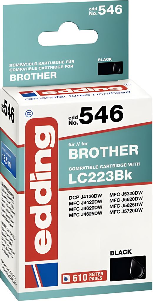 The image shows the retail packaging of an edding brand black ink cartridge for Brother printers.