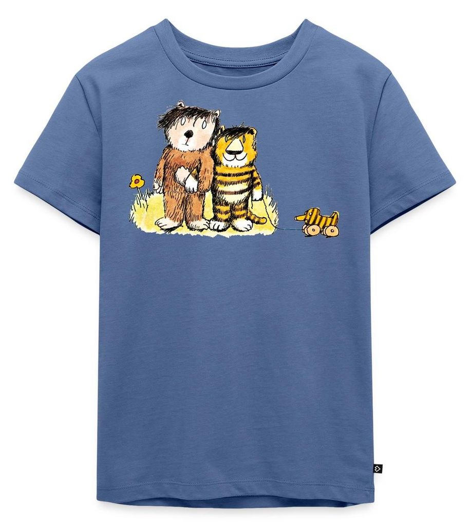 Spreadshirt Janosch Tiger, Bär und Tigerente auf Wiese Kinder Premium T-Shirt, 110/116 (4 Jahre), Taubenblau