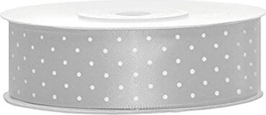 Satinband silber mit weißen Punkten, 25mm breit x 25m lang, auf Rolle