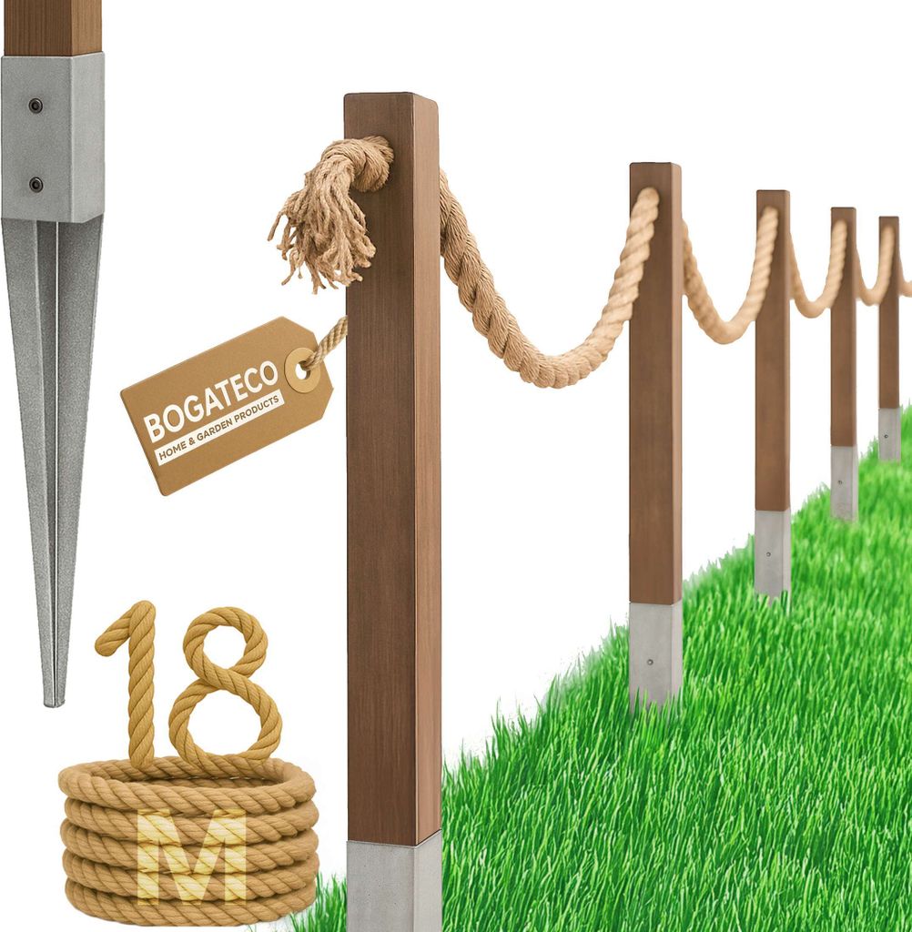 A rope fence system with wooden posts and a metal stake, set against a white and green background.
