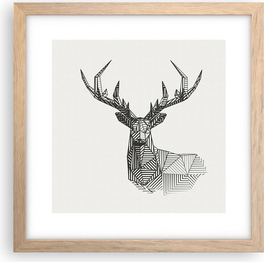 Gerahmtes Poster - Rahmen in heller Eiche - Hirsch Skizze Skandinavisch - 30x30 cm - Wand Bild - Wanddeko - Wandbilder - Kunstposter - Wandposter -...
