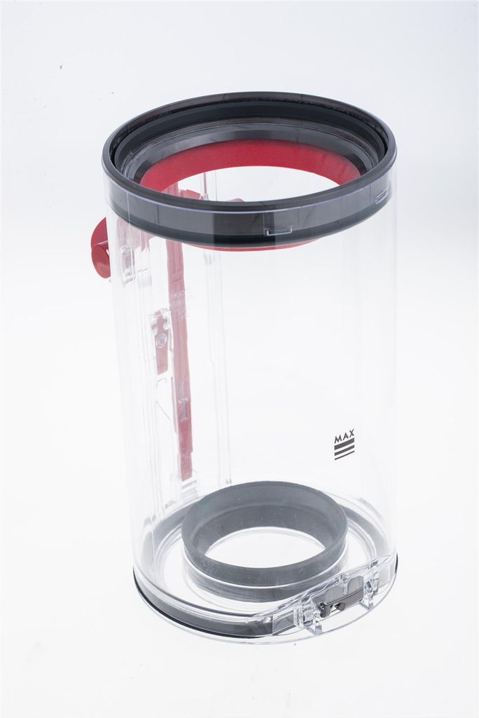 A clear plastic dustbin for a Dyson vacuum cleaner, shown against a white background.
