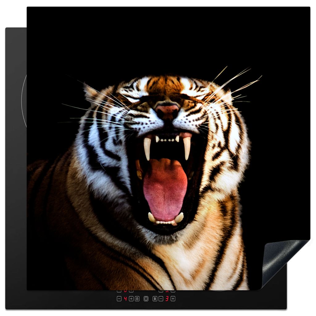 KitchenYeah Herdabdeckplatte Tiger - Zähne - Schwarz , 78x78cm, Küche Deko, Glaskeramikkochfeld Herdabdeckung, Abdeckplatte fùr Kochfeld