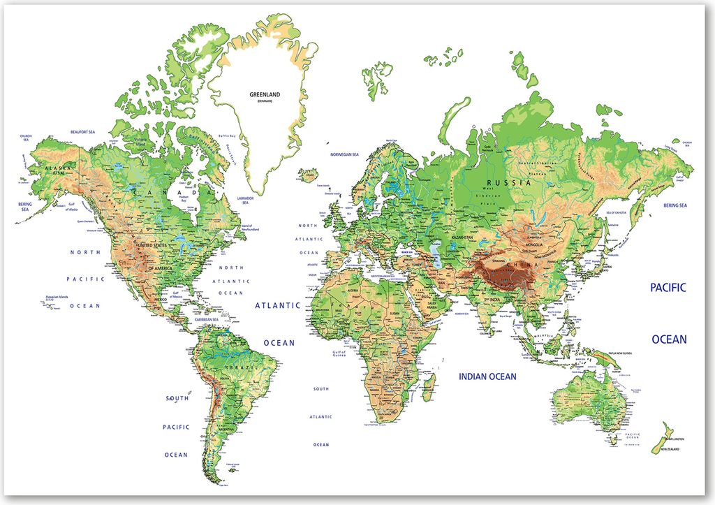 Tulup Leinwandbild - 100x70 cm - Wandkunst - Drucke auf Leinwand - Leinwanddruck - Landkarten & Flaggen - Grün - Weltkarte