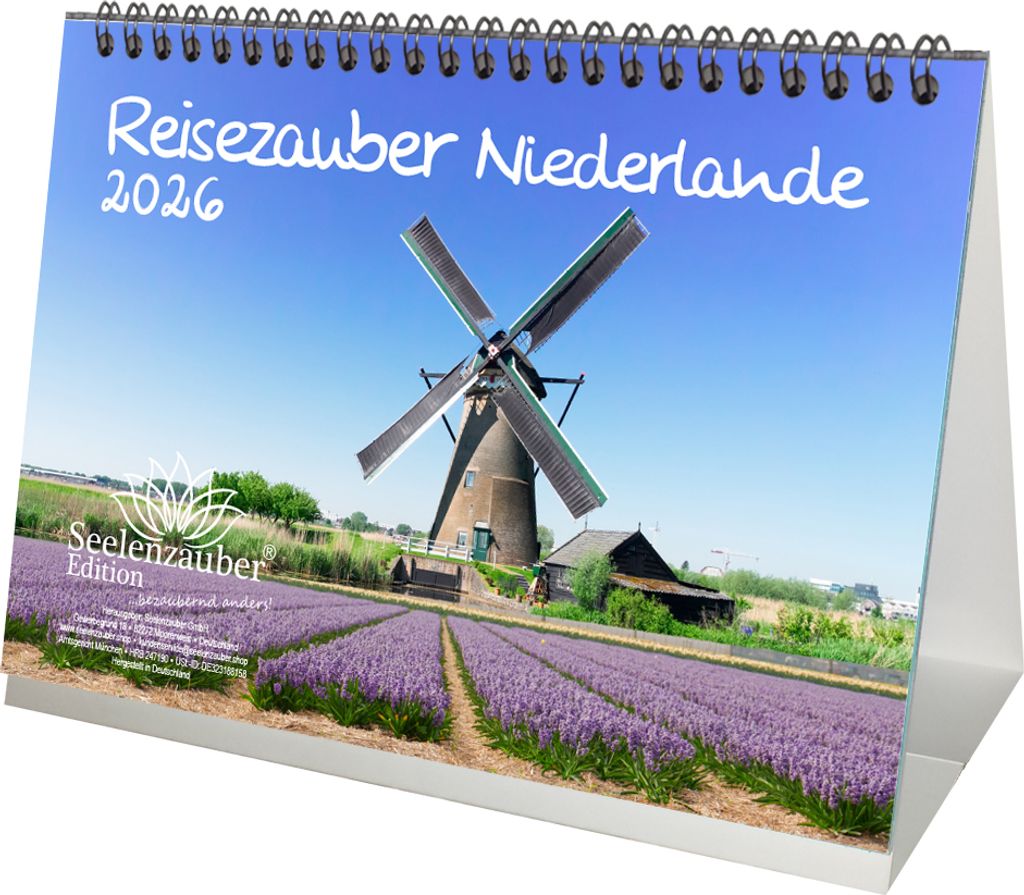 Reisezauber Niederlande DIN A5 Tischkalender für 2026 Urlaub Grachten Tulpen - Seelenzauber