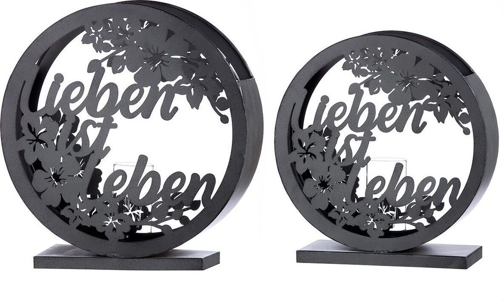 Gilde 2er Set Windlicht "Lieben ist Leben" antik grau klein: B 37 x H 39 cm EP: 29 € groß: B 43 x H 45 cm EP: 35 € Glas: D 7 x H 15 cm T: 13 c...