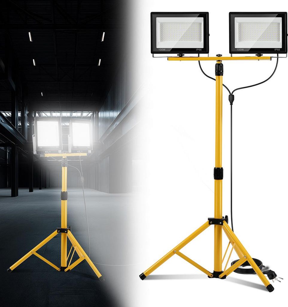 Faziango LED Baustrahler, 2x100W Strahler 6500K Kaltweiß, Strahler Fluter mit Stativ und 3m Kabel Stecker Arbeitsleuchte für Garage Baustelle