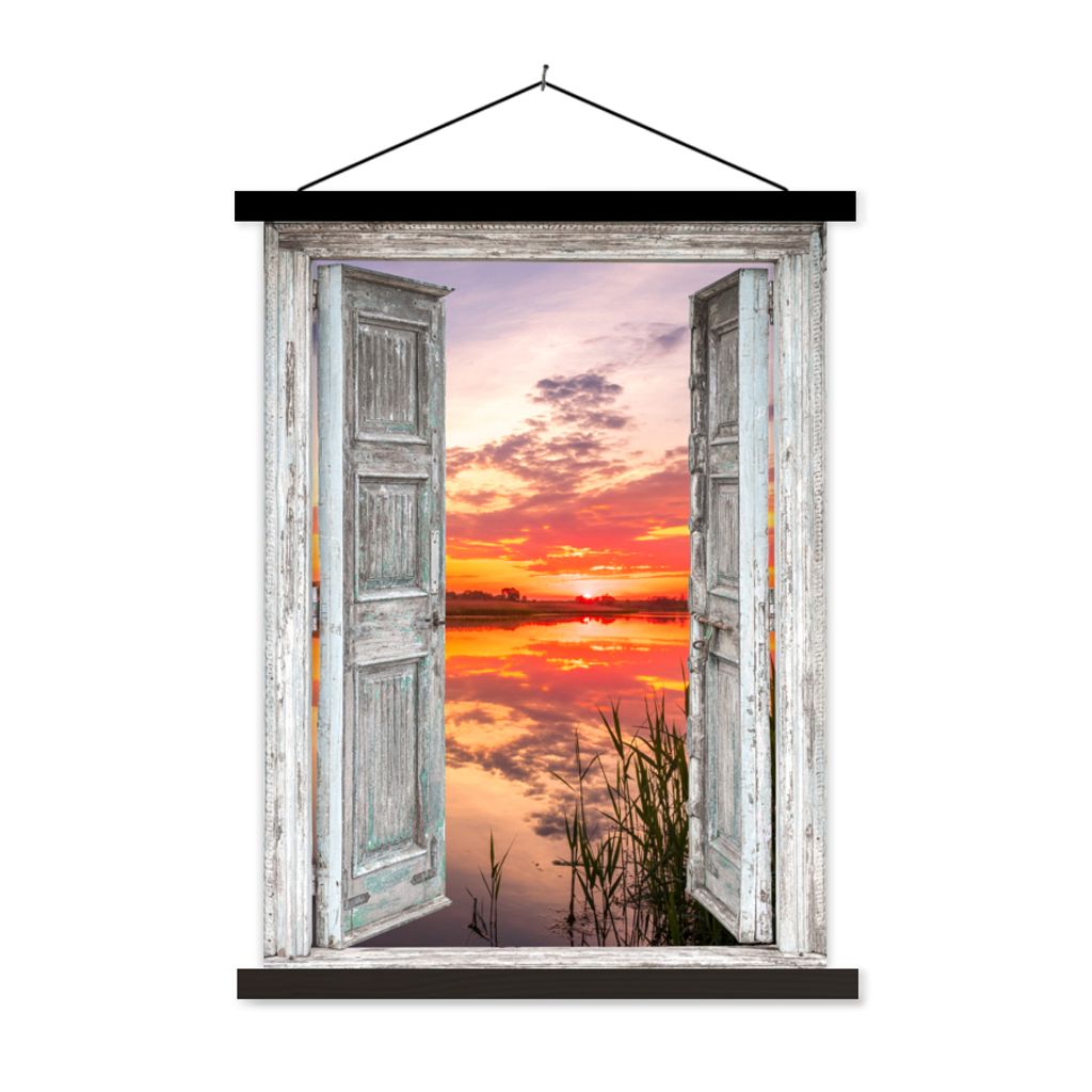 MuchoWow Textilposter Landschaft - Sonnenuntergang - Wasser - Aussicht 60x80 cm mit schwarzem Rahmen - Plakathalter