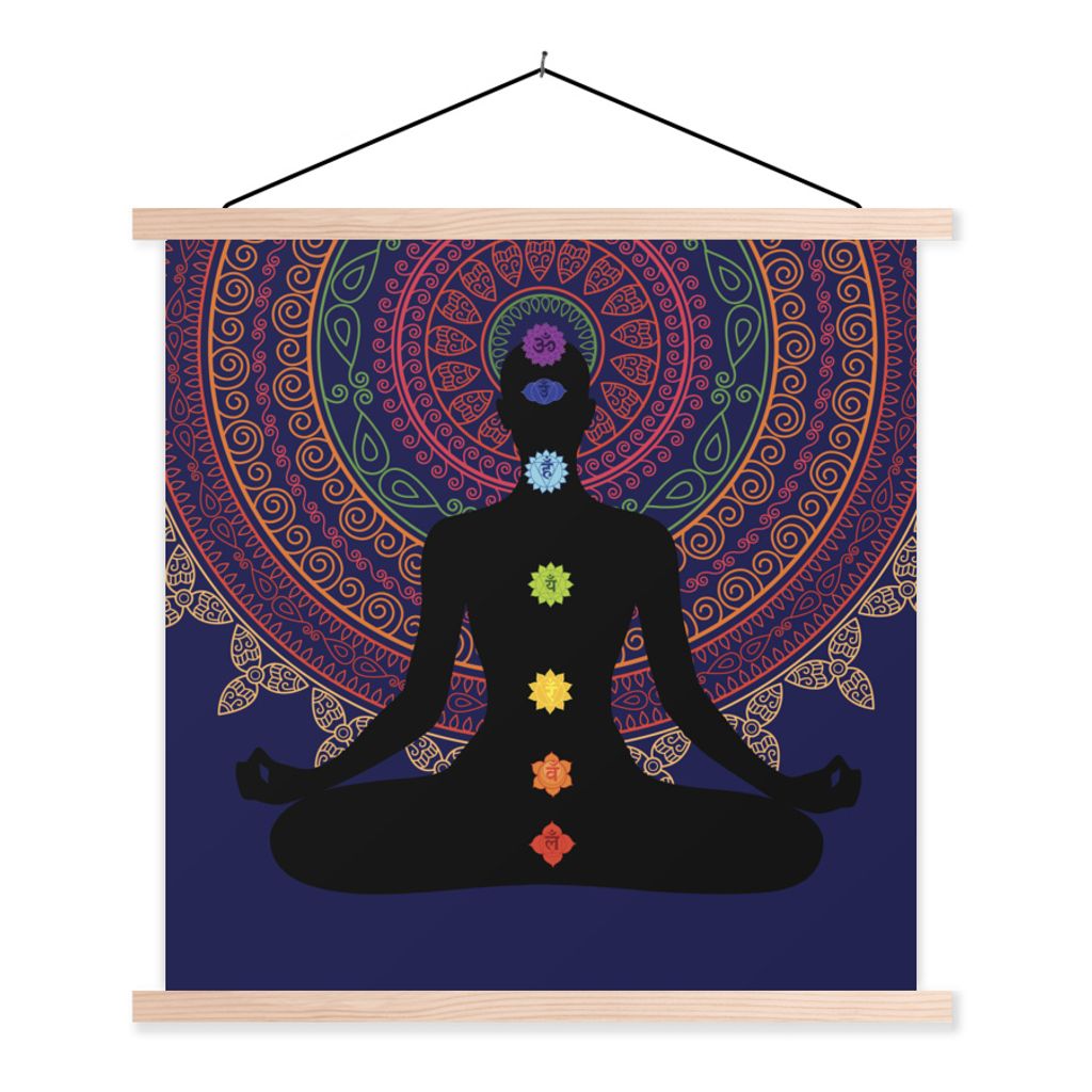 MuchoWow Textilposter Dekorierter Hintergrund über einer Silhouette mit den sieben Chakren 60x60 cm mit holzfarbenen Rahmen - Wanddekoration