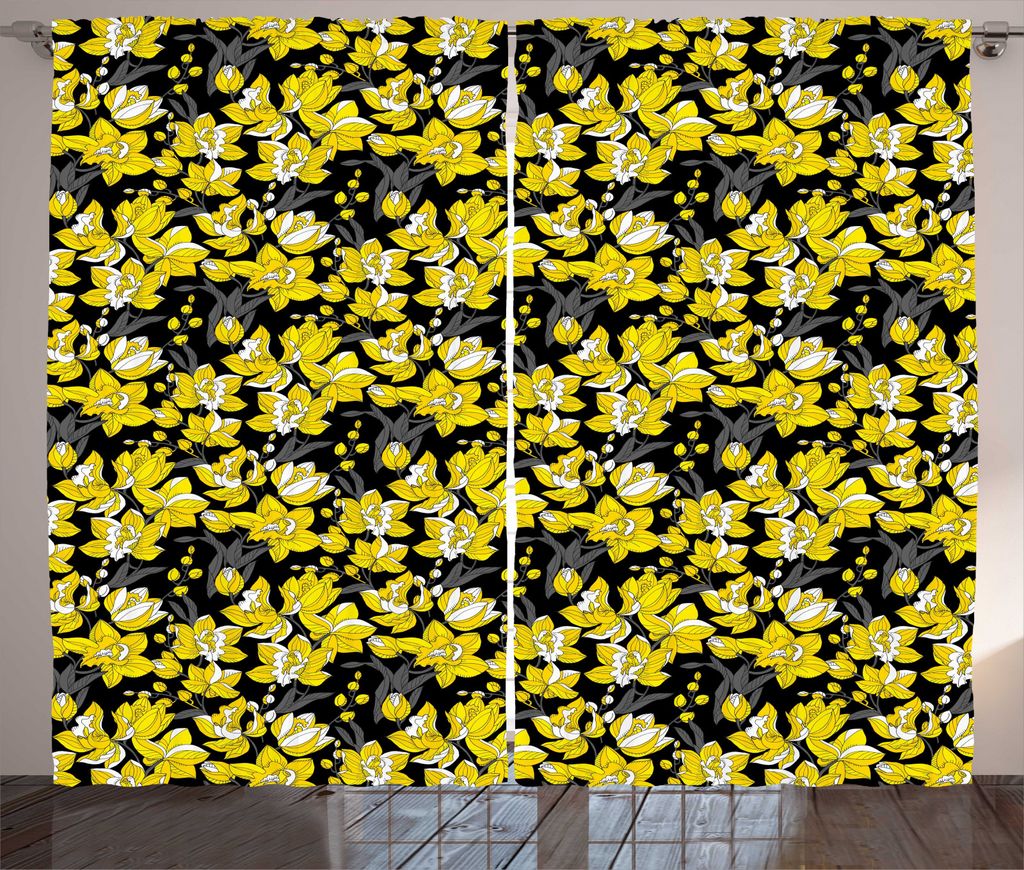 ABAKUHAUS Orchidee Rustikaler Vorhang, Exotische Blüten Jungle Yard, Wohnzimmer Universalband Gardinen mit Schlaufen und Haken, 280 x 225 cm, Schw...