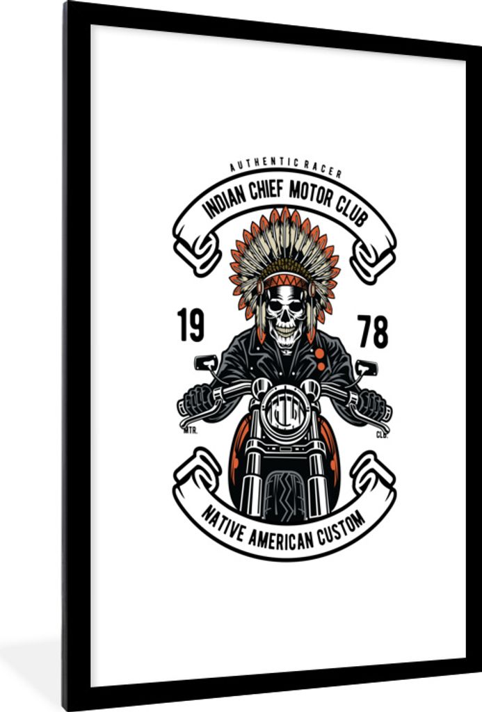 MuchoWow MuchoWow Gerahmtes Poster Indisch - Motor - Skelett - Retro 60x90 cm - Poster mit zchwarzem Bilderrahmen - Dekoration - Wandposter Woh...