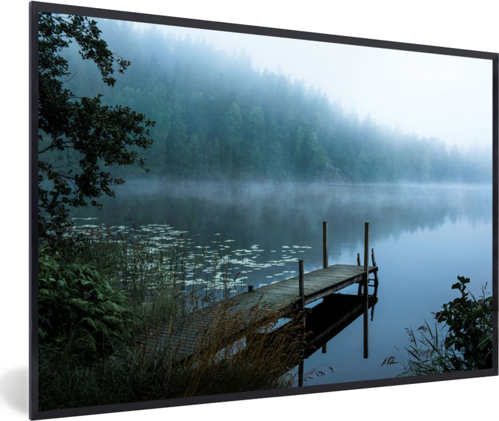 MuchoWow Gerahmtes Poster Natur - See - Wald - Nebel 30x20 cm - Poster mit Schwarzem Bilderrahmen Wandposter Rahmen Foto Bilder - Kunstdruck - Bi...
