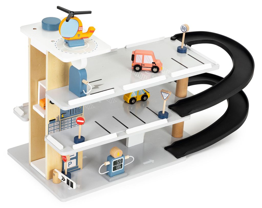 Een grote houten garage, een parkeerplaats met een lift, Productafbeelding 