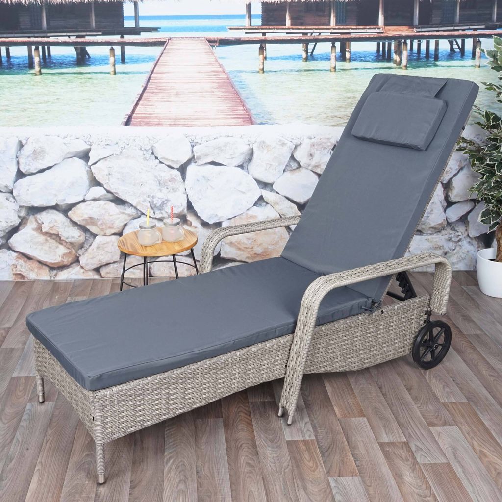 Poly-Rattan Sonnenliege Carrara, Relaxliege Gartenliege Liege, Alu - grau, Kissen dunkelgrau
